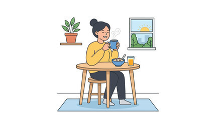 Fototapeta premium Morning breakfast, woman drinking coffee at table