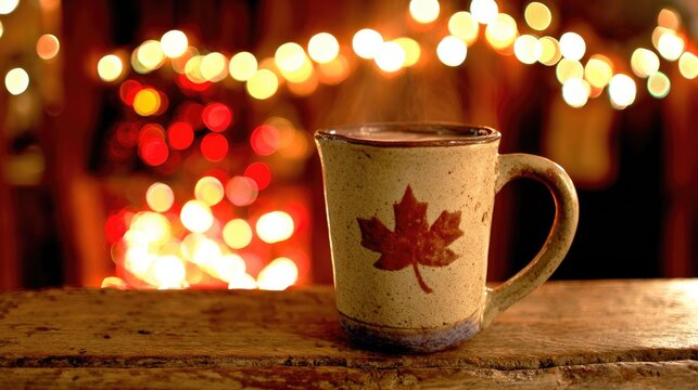 string. Ceramic mug with hot chocolate and maple leaf design on wooden table. representing seasonal cycles and harvest abundance, bar promotions, designed for product packaging and bar promotions.