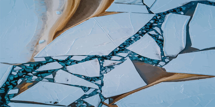 Aerial view of cracked ice floes and dark water abstract pattern with from above. abstract background texture background winter frozen surface cold environment.