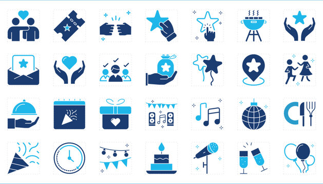 A set of icons related to Celebration and party. Festival, dance, sing, food, cake, enjoy, eve, ring, wedding, and so on.