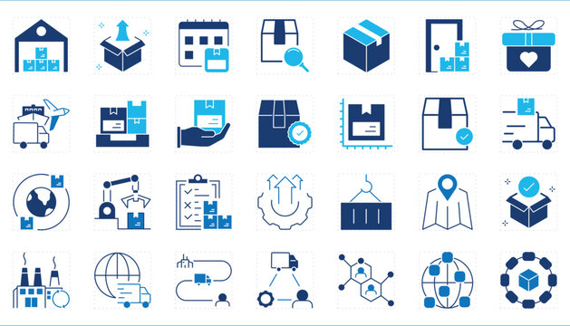 A set of icons related to Supply and Demand. Supply chain, delivery, production, transport, goods, services, business, and so on.