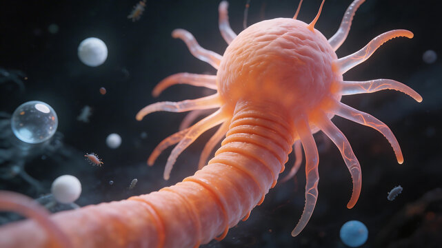 Microscopic organism with tentacles emphasizing medical breakthroughs and genetic research