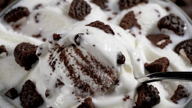 Close up view of spoon scooping cookies and cream ice cream from a bowl with crunchy pieces