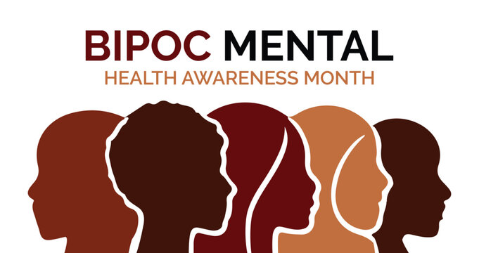 BIPOC Mental Health Awareness Month poster featuring diverse face silhouettes and inclusive healthcare message. Contemporary flat vector artwork focused on unity and representation.