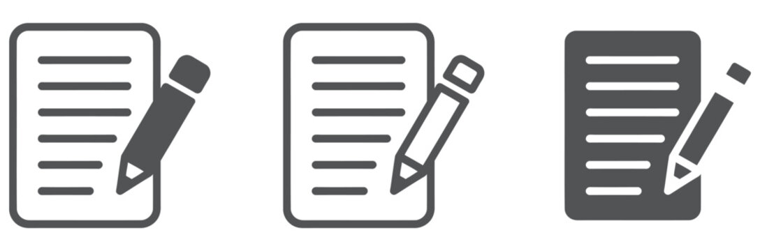 Three gray icons of documents with pencils for editing and writing on paper notes