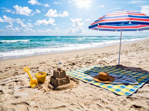 夏の海 晴天の日の砂浜 ビーチ-summer sea / a sandy beach on a sunny day / summer / beach / Generated image-