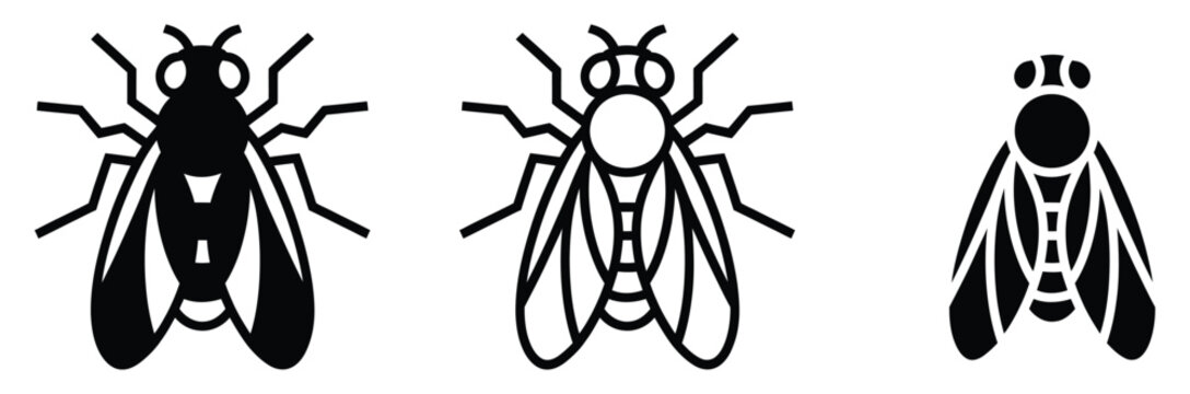 Three black and white fly icon variations for design and branding purposes with different styles