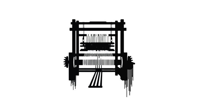 Traditional loom machine in a black silhouette, showcasing its intricate mechanism for weaving fabric on a clean white background.