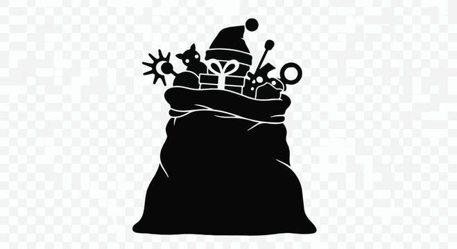 Santa's sack filled with various toys and gifts, depicted as a solid black silhouette against a transparent background.