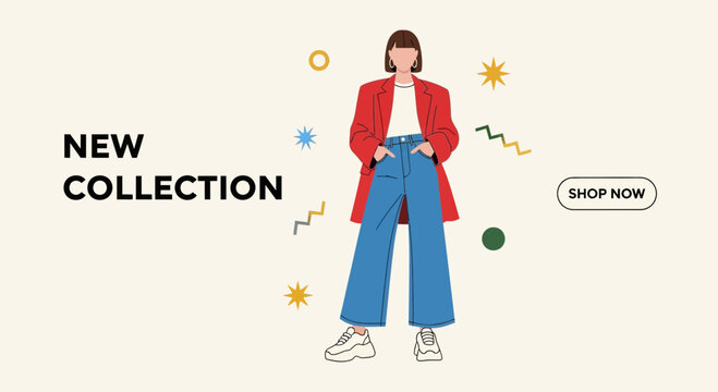 New Collection fashion banner with stylish woman illustration and shop now button