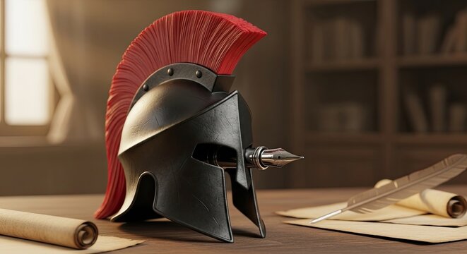 Ancient Roman centurion helmet with quill pen and scrolls.