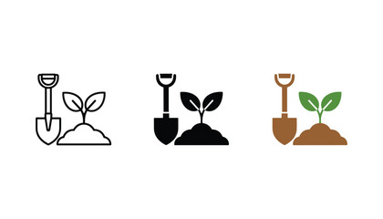 Set of three gardening icons featuring shovel and sprout in line art solid black and flat colored styles for environmental design projects © TARU STOCKPLC