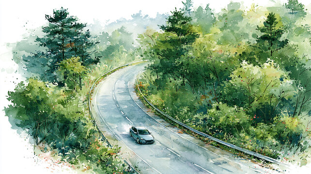 木々に囲まれた街道と走行する車のある景色を描いた、やわらかな水彩タッチのイラスト、ドライブ、旅行、交通、自然、森林、道路、郊外、カーブ、山道、風景画、背景素材、観光、移動、乗用車、景観、遠景、田舎、休暇、暮らし、広告、挿絵、ブログ、ストック素材、商用利用、木漏れ日、水彩画、手描き、自然風景、ロードトリップ、移動風景、山並み、ガードレール、曲線道路、週末旅、休息、広がり、静けさ、開放感、道のある風景