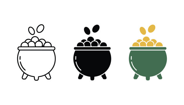 Pot of gold coins dropping into cauldron icon set for wealth and financial abundance themes available in three professional graphic styles