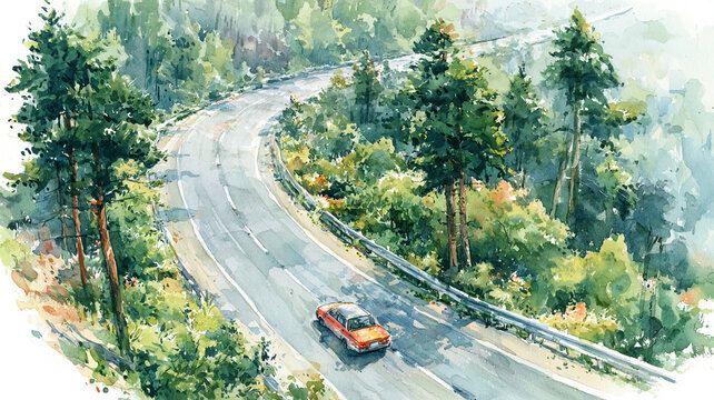  郊外の緩やかなカーブ道路を進む車を描いた、水彩タッチの爽やかな風景イラスト、ドライブ、旅行、交通、自然、森林、街道、山道、道路、木々、風景画、背景、観光、移動、乗用車、遠景、景観、田舎、日常、休暇、広告、挿絵、ブログ、ストック素材、商用利用、空気感、見晴らし、旅情、水彩画、手描き、自然風景、ロードトリップ、移動風景、山並み、ガードレール、曲線道路、週末旅、休息、広がり、静けさ、開放感、道のある風
