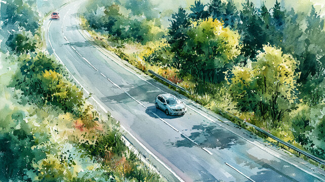  郊外の緩やかなカーブ道路を進む車を描いた、水彩タッチの爽やかな風景イラスト、ドライブ、旅行、交通、自然、森林、街道、山道、道路、木々、風景画、背景、観光、移動、乗用車、遠景、景観、田舎、日常、休暇、広告、挿絵、ブログ、ストック素材、商用利用、空気感、見晴らし、旅情、水彩画、手描き、自然風景、ロードトリップ、移動風景、山並み、ガードレール、曲線道路、週末旅、休息、広がり、静けさ、開放感、道のある風