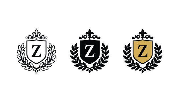 Elegant heraldic crest with letter Z featuring laurel wreath and crown elements in black and gold for luxury brand identity and monogram design