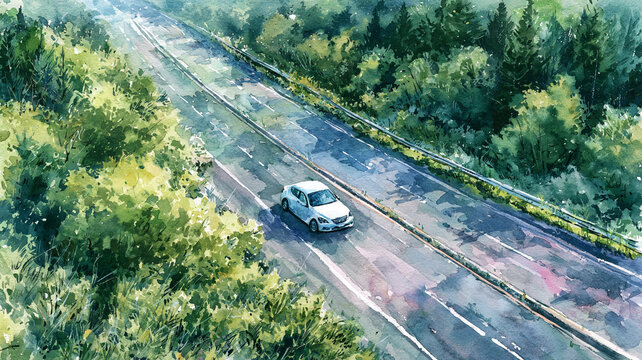 森の景色の中を続く道路と走る自動車を描いた、やさしい印象の水彩風イラスト、ドライブ、旅行、交通、自然、道路、山道、森林、郊外、木々、風景、背景素材、街道、観光、移動、遠景、乗用車、景観、田舎道、休暇、広告、挿絵、ブログ、ストック素材、商用利用、景色、見晴らし、旅情、水彩画、手描き、自然風景、ロードトリップ、移動風景、山並み、ガードレール、曲線道路、週末旅、休息、広がり、静けさ、開放感、道のある風景