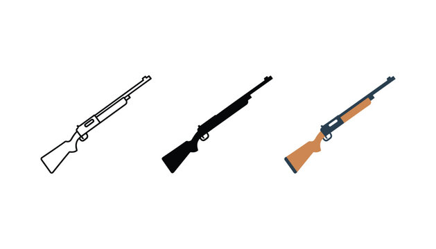 Hunting rifle or shotgun icon for sports and outdoor recreation set of three variations in outline solid and wood finish color styles for hunting gear and weapon design isolated on white background