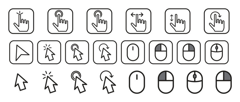 Set of  mouse and touch screen hand gestures icons with including scroll click, tap linear and website element. black color computer pointer arrows, and  outline  UI UX design.  vector illustration.