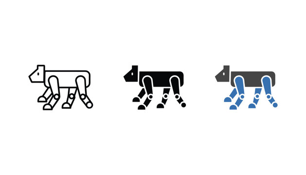 Robotic dog walking icon set featuring simple line art and solid silhouette variations for technology or artificial intelligence concepts