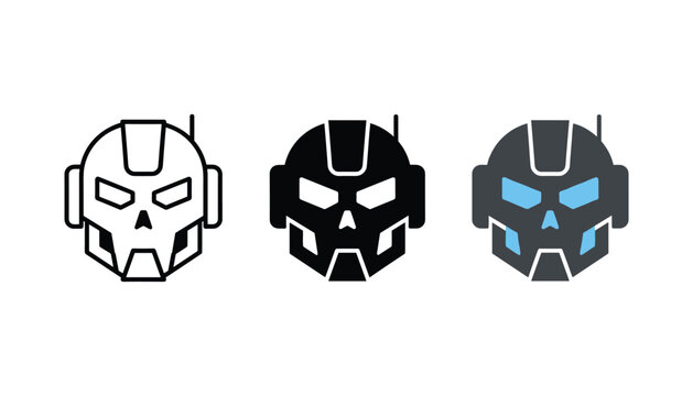 Futuristic robot head icon set featuring mechanical skull designs with visor and antenna for science fiction or gaming character interface