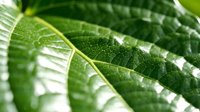 Closeup Macro View of Vibrant Green Leaf Veins and Texture.