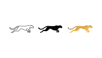 Dynamic running cheetah icon set showing feline speed and agility in outline solid and colorful flat styles for wildlife sports and athletic brand identity designs on white background © TARU STOCKPLC