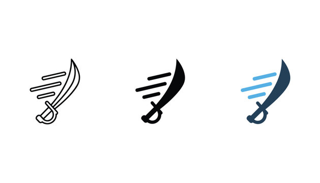 Sharp scimitar sword icon set showing blade movement in outline solid and blue flat design for fantasy gaming and historical weapon graphics on white background