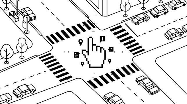 Isometric city map interface with navigation pointer and pins