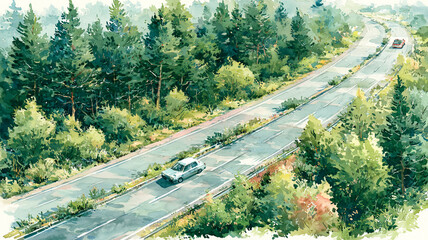 Fototapeta premium 森に囲まれたカーブ道路を走る自動車を描いた、やさしい水彩タッチの風景イラスト、ドライブ、旅行、交通、自然、道路、山道、郊外、森林、木々、風景画、背景素材、街道、移動、観光、爽やか、遠景、乗用車、田舎道、暮らし、広告、挿絵、ブログ、ストック素材、商用利用、景色、旅情、水彩画、手描き、自然風景、ロードトリップ、移動風景、山並み、ガードレール、曲線道路、週末旅、休息、広がり、静けさ、開放感、道のある風
