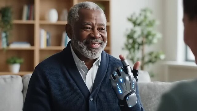 Elderly Man Demonstrates Advanced Prosthetic Hand Technology Indoors with a Friend.