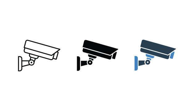 Security surveillance camera icons in outline solid and flat color styles for home and commercial safety monitoring