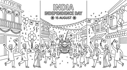 Obraz premium Indian people celebrating Independence Day parade sketch illustration.