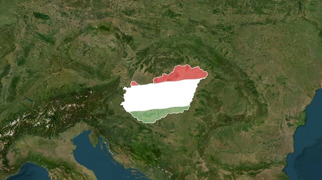Hungary map superimposed on satellite view of Central Europe with national flag colors