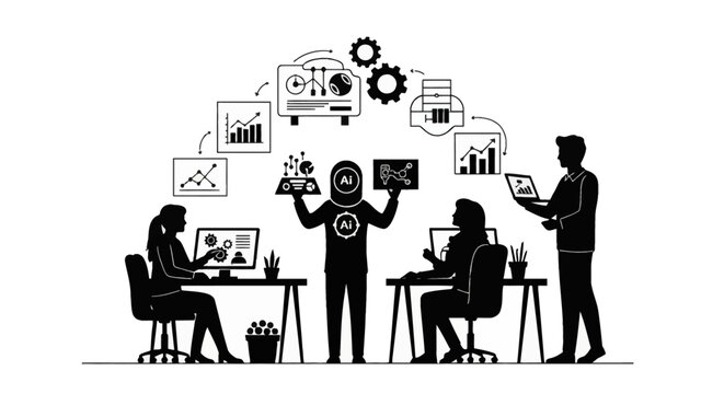 Silhouette vector illustration of a professional team collaborating with an AI robot in an office, featuring data visualization charts, bar graphs, and workflow process gear icons.