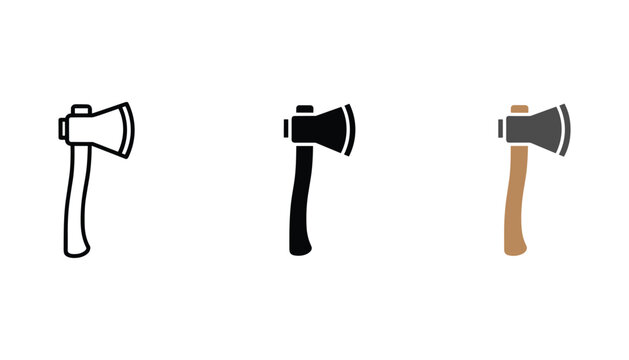 Woodworking axe tool icons in outline solid and colored styles for forestry and construction industry graphics