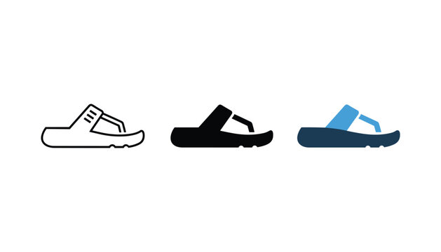 Summer flip flop sandal icon set in outline solid and blue colored vector styles for beach footwear