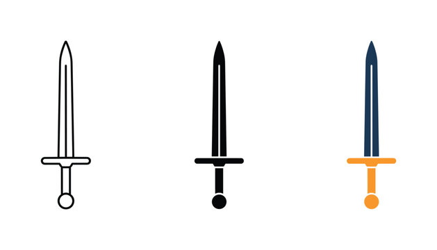 Set of three sword icons in outline flat black and colored vector style for gaming and fantasy design themes
