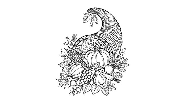 Hand drawn ink illustration of a traditional thanksgiving cornucopia with autumn harvest vegetables.