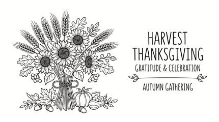 Hand drawn thanksgiving harvest bouquet illustration with wheat and sunflowers. © Bilqis Zhafira