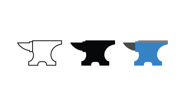 Anvil icons featuring line art black silhouette and blue flat vector design for metalwork and blacksmithing themes