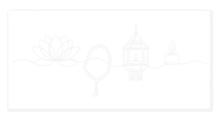 Fototapeta premium Minimalist Line Art: Lotus, Prayer Beads, Lantern, Candle on White Background