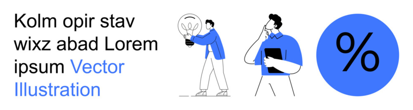 Business strategy, innovative ideas, teamwork, financial growth, analytical thinking, creativity. Two individuals with a light bulb and percentage sign. Business strategy and innovative ideas concept