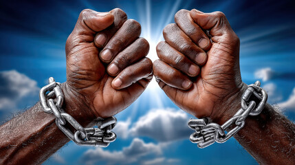 Juneteenth freedom hand chain shackle broken liberation justice Two clenched hand break chain shackle bright sky symbolizing juneteenth freedom