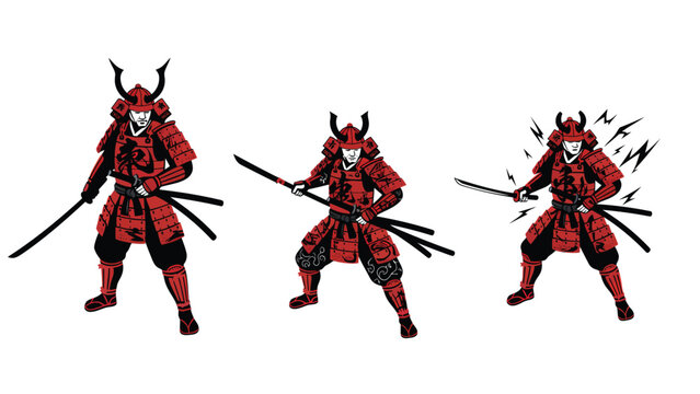Three distinct illustrations of a samurai warrior in traditional red armor, holding a sword in various dynamic poses.