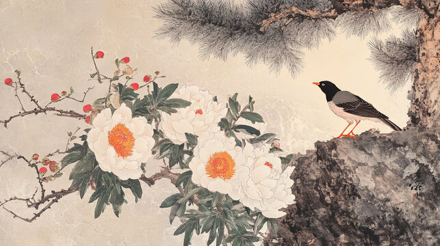 Chinese ink painting pine trunk black bird pecking white peonies orange stamens red branch