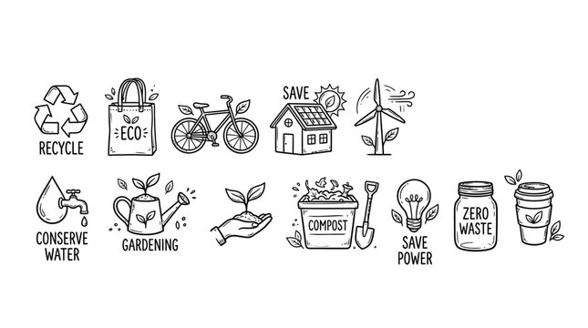 Set of hand drawn ecology and sustainable living icons.