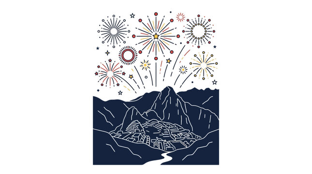 Machu Picchu ancient inca ruins illustration with festive fireworks display.
