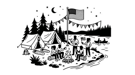 Obraz premium People camping around a bonfire with an American flag under the night sky.
